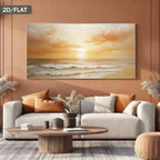 Living room with a large abstract painting of a sunset over water, a gray sofa with colorful pillows, and a wooden coffee table.