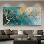 Golden Teal Abstract Tree Branch Canvas Print – Large Modern Botanical Wall Art with Fluid Blue‑Green Background for Above‑The‑Sofa Décor