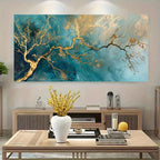 Golden Teal Abstract Tree Branch Canvas Print – Large Modern Botanical Wall Art with Fluid Blue‑Green Background for Above‑The‑Sofa Décor