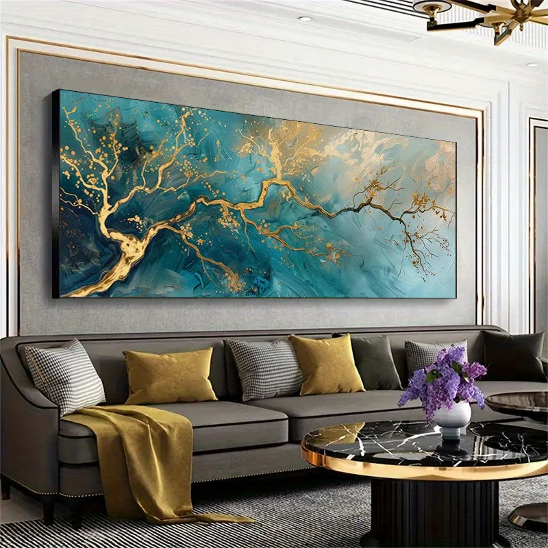 Golden Teal Abstract Tree Branch Canvas Print – Large Modern Botanical Wall Art with Fluid Blue‑Green Background for Above‑The‑Sofa Décor