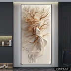 Golden Tree Goddess 2D Relief Wall Art Fine Art Canvas Print for Luxury Living Room, Entryway Hallway &amp; Modern Nature‑Inspired Home Décor