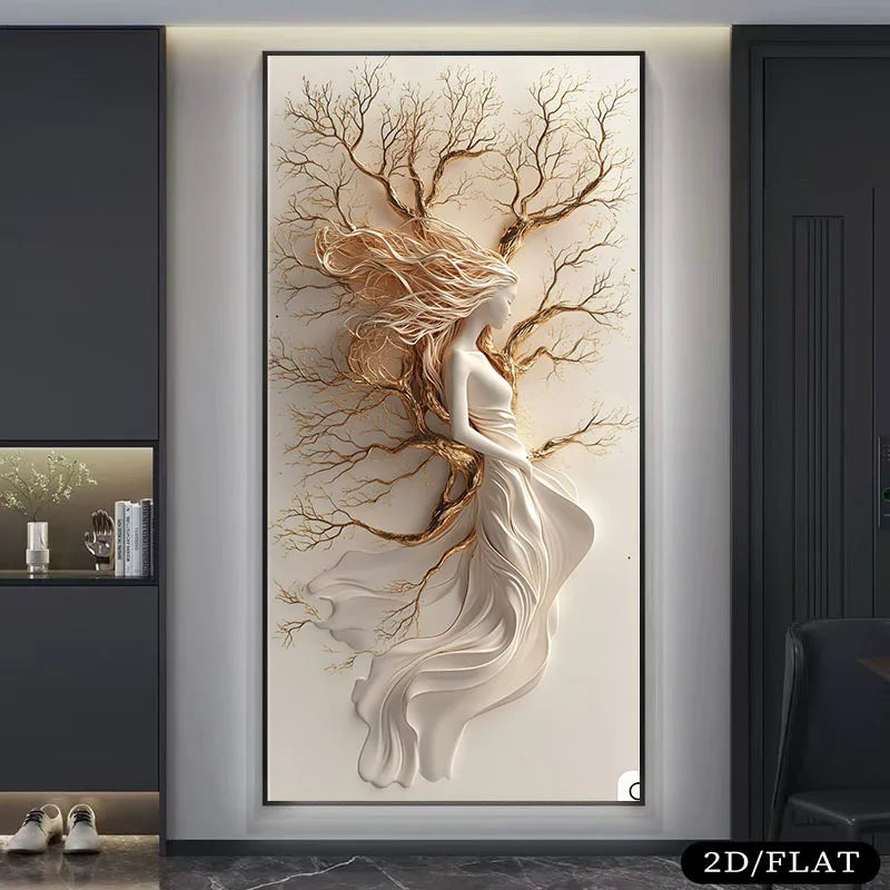 Golden Tree Goddess 2D Relief Wall Art Fine Art Canvas Print for Luxury Living Room, Entryway Hallway &amp; Modern Nature‑Inspired Home Décor