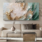 Abstract painting with gold and teal colors above a beige sofa in a living room.