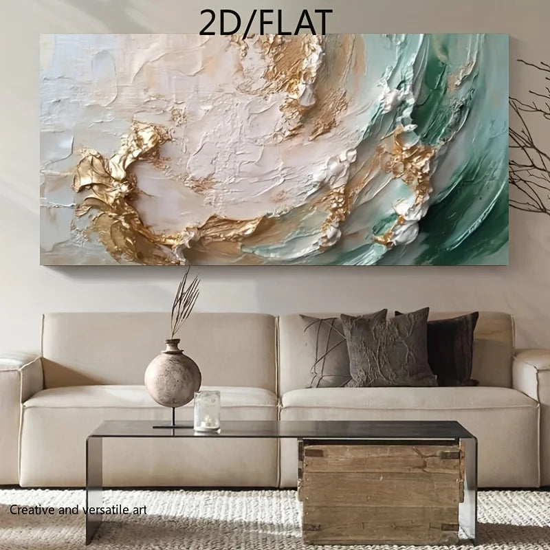 Abstract painting with gold and teal colors above a beige sofa in a living room.