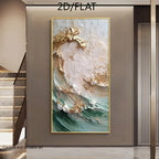 Abstract painting with gold and green tones on a wall in a modern interior setting.