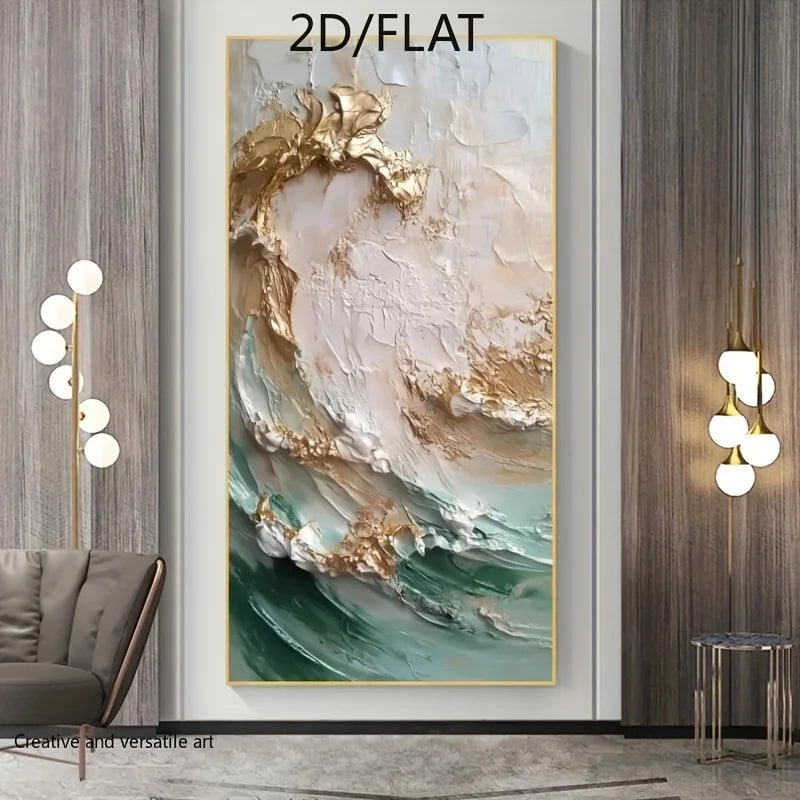 Abstract art piece with gold and teal colors on a wall in a modern living room.