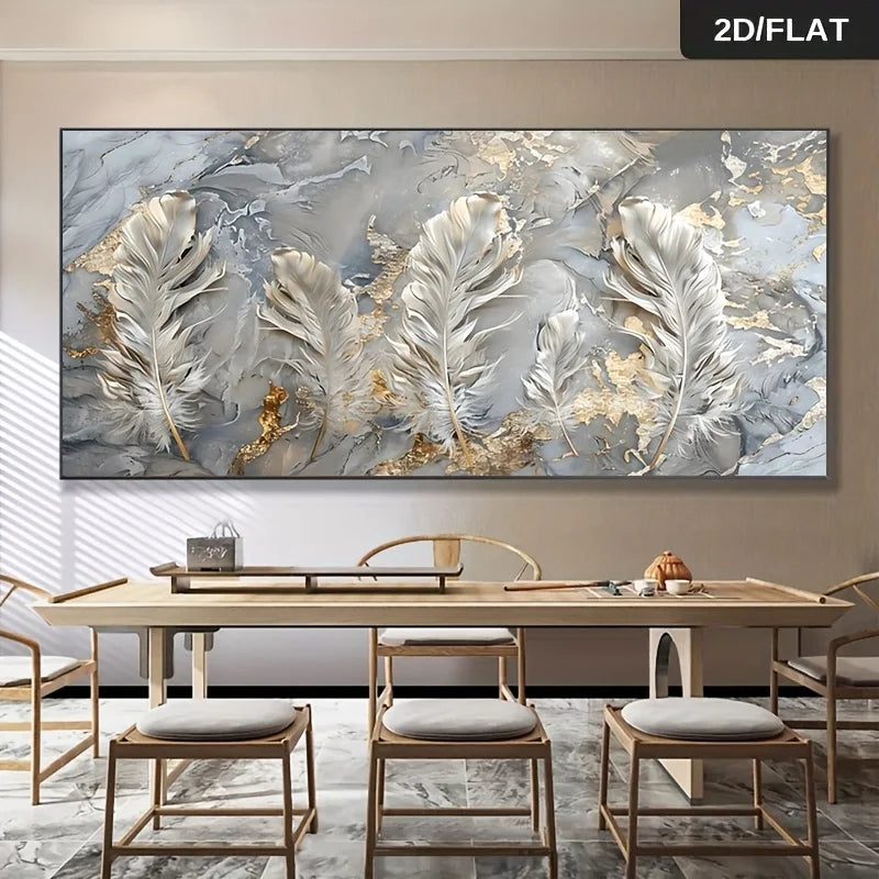 A large rectangular wall art piece featuring a marble-like abstract design with prominent white and silver feathers and gold accents, displayed above a dining table with chairs in a modern interior. A small badge in the top right reads 2D/FLAT.