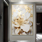Decorative floral painting with gold and white flowers on a gray wall.