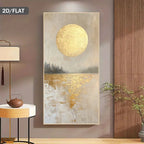 Abstract painting of a golden moon over water on a wall in a modern interior setting.