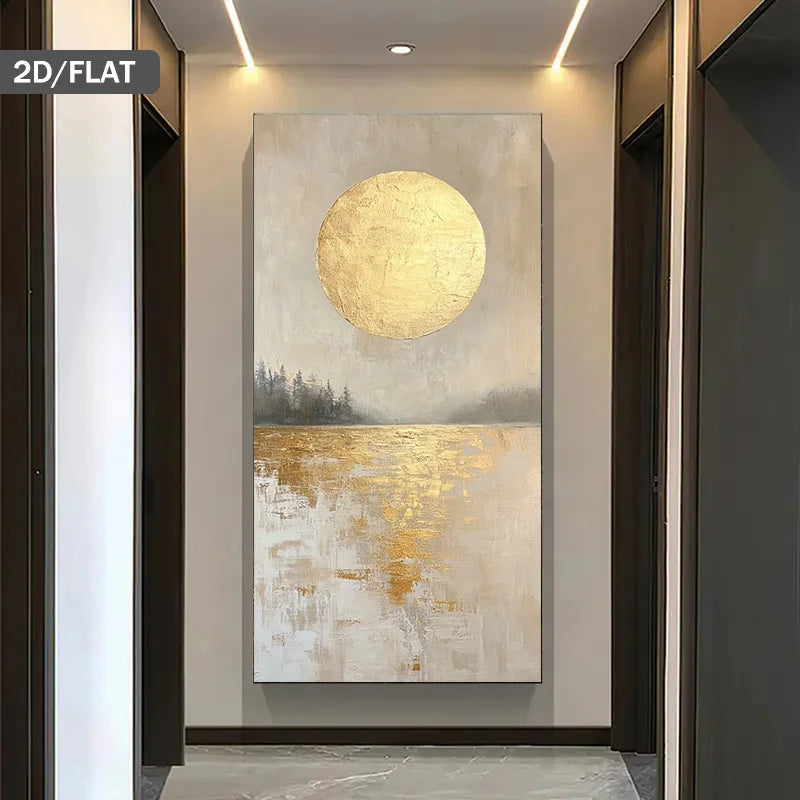 Golden Zen Lake Moonrise Wall Art Fine Art Canvas Print Minimalist Abstract Landscape Artwork for Living Room Bedroom Foyer Art Decor