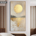 Abstract painting of a moon over water with gold accents on a wall.