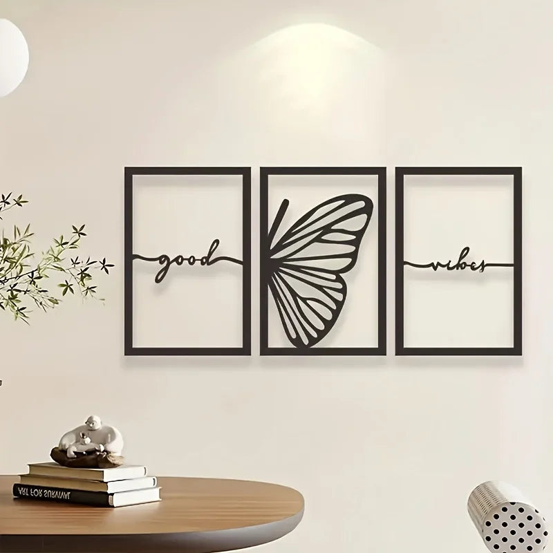Good Vibes Butterfly Wings Black Metal Wall Art 3D Sculpted Iron Plaque Wall Decoration Modern Art For Living Room Dining Room Creative Nordic Home Decor