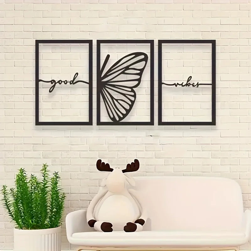 Good Vibes Butterfly Wings Black Metal Wall Art 3D Sculpted Iron Plaque Wall Decoration Modern Art For Living Room Dining Room Creative Nordic Home Decor
