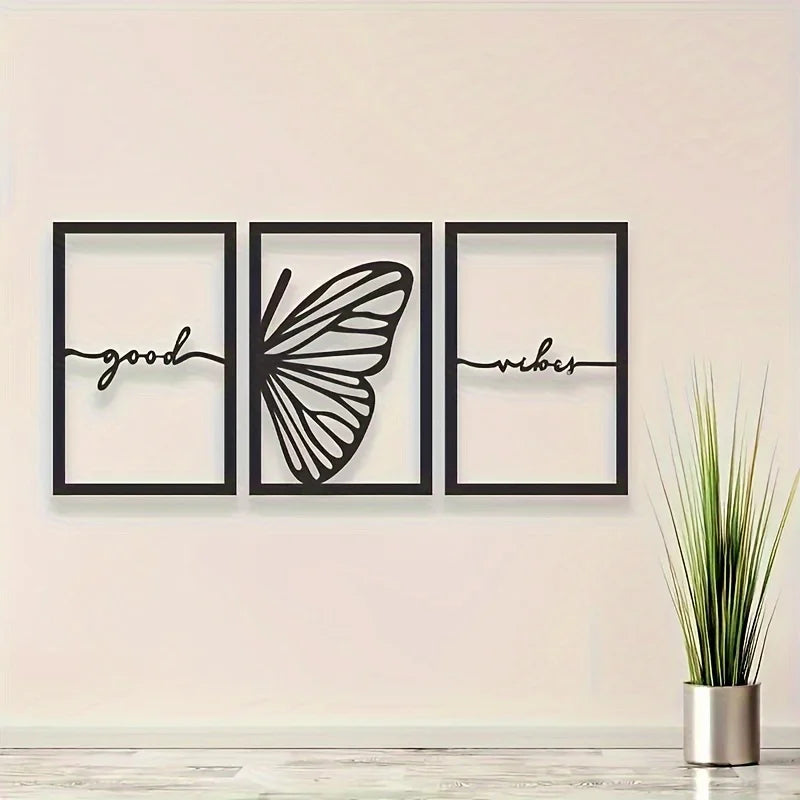 Good Vibes Butterfly Wings Black Metal Wall Art 3D Sculpted Iron Plaque Wall Decoration Modern Art For Living Room Dining Room Creative Nordic Home Decor