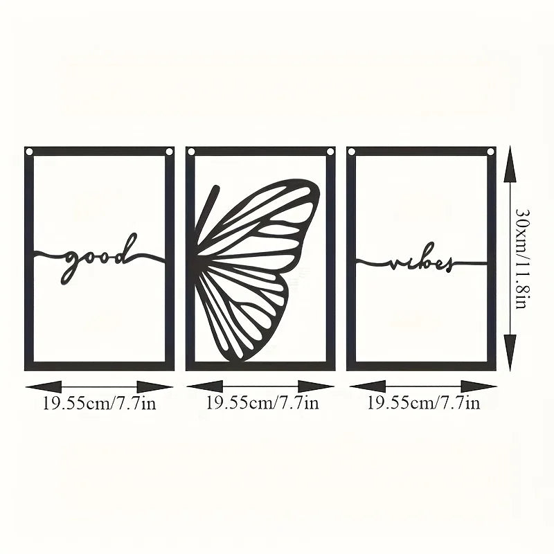 Good Vibes Butterfly Wings Black Metal Wall Art 3D Sculpted Iron Plaque Wall Decoration Modern Art For Living Room Dining Room Creative Nordic Home Decor