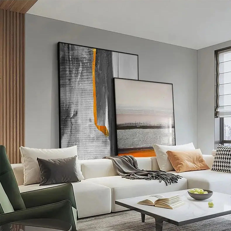 Gray Orange Industrial Abstract Wall Art Fine Art Canvas Prints Pictures For Urban Apartment Living Room Dining Room Home Office Art Decor