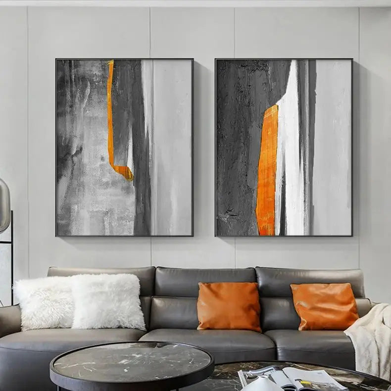 Gray Orange Industrial Abstract Wall Art Fine Art Canvas Prints Pictures For Urban Apartment Living Room Dining Room Home Office Art Decor