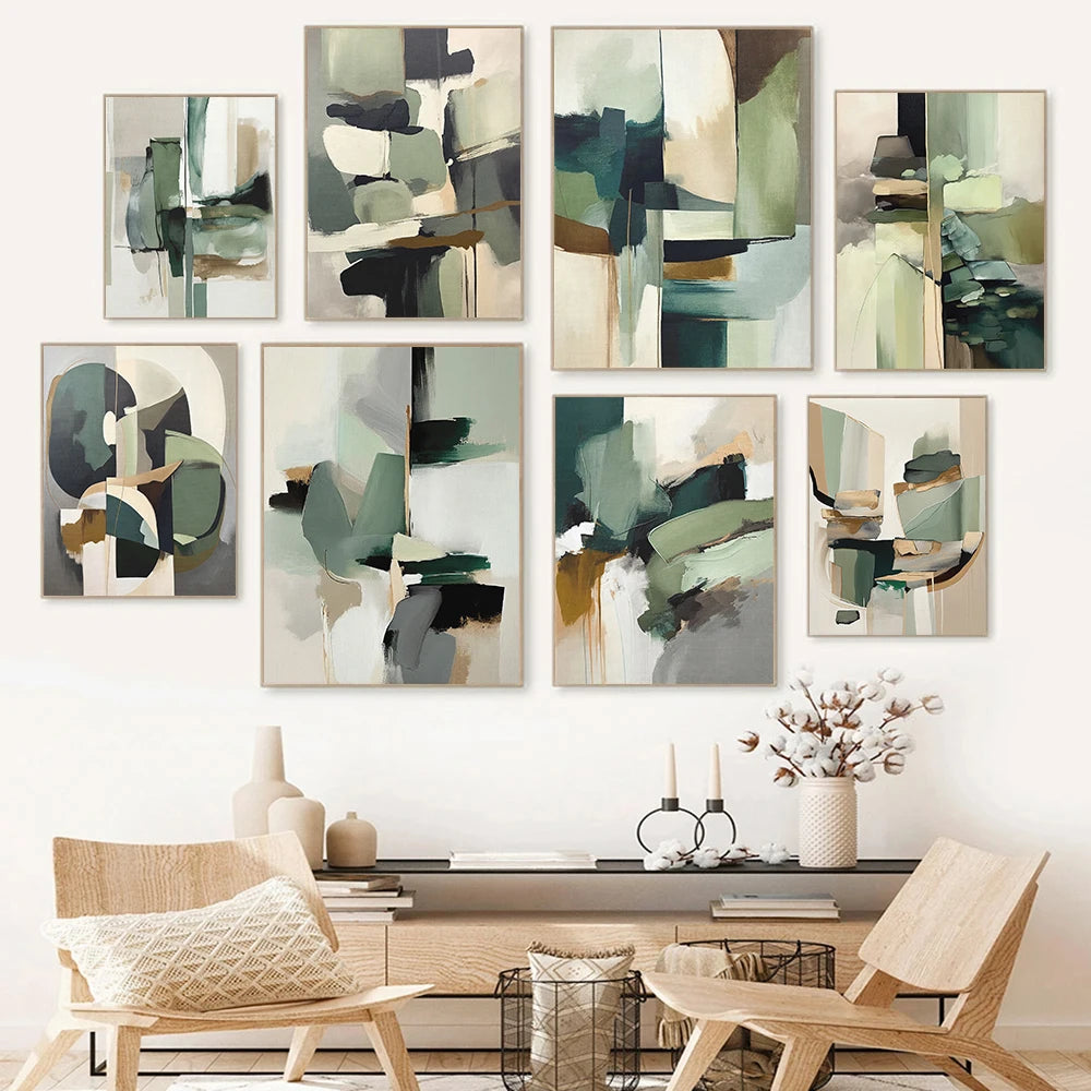 Set of abstract art prints on a wall with a living room setting below.
