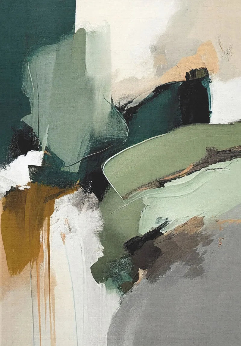 Abstract art with a mix of green, brown, and white colors.