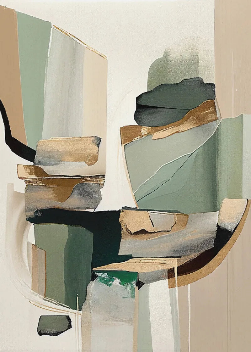 Abstract art piece with geometric shapes in green, gold, and black on a light background