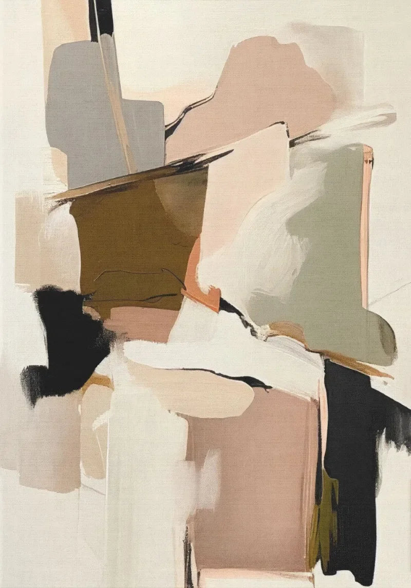 Abstract art piece with geometric shapes in various colors on a beige background