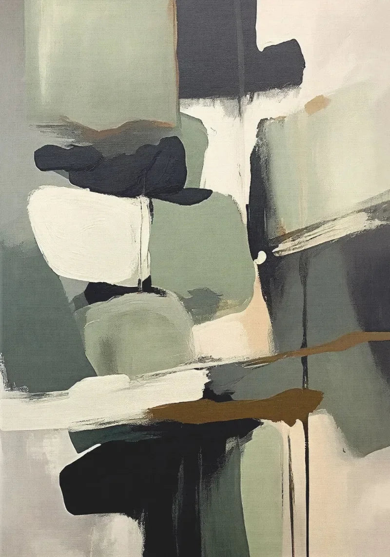 Abstract art piece with geometric shapes in black, white, and brown on a light background