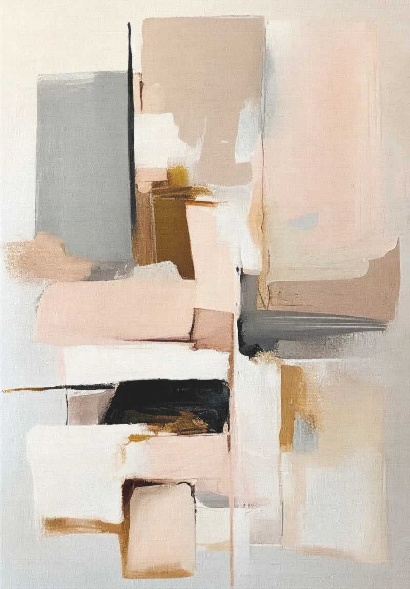 Abstract art piece with geometric shapes in neutral colors on a light background