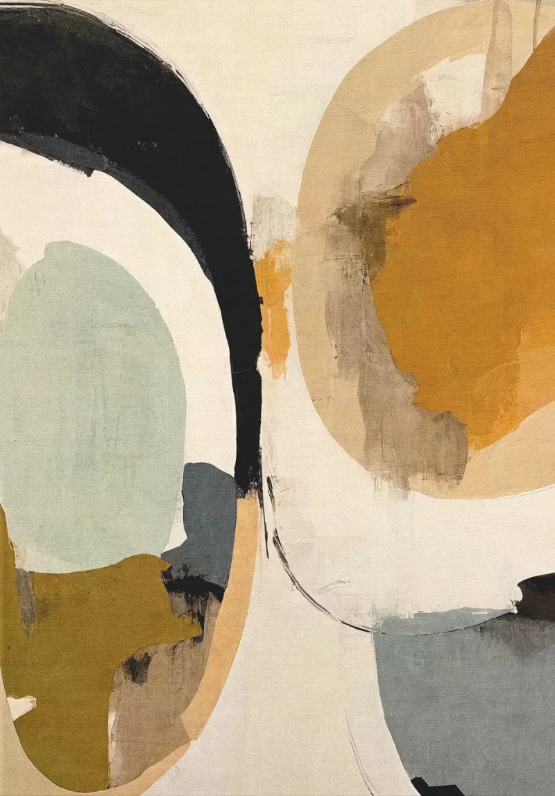 Abstract art with large, overlapping circles in various colors on a beige background