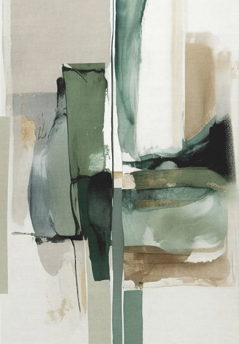 Abstract art piece with green, black, and brown colors on a light background