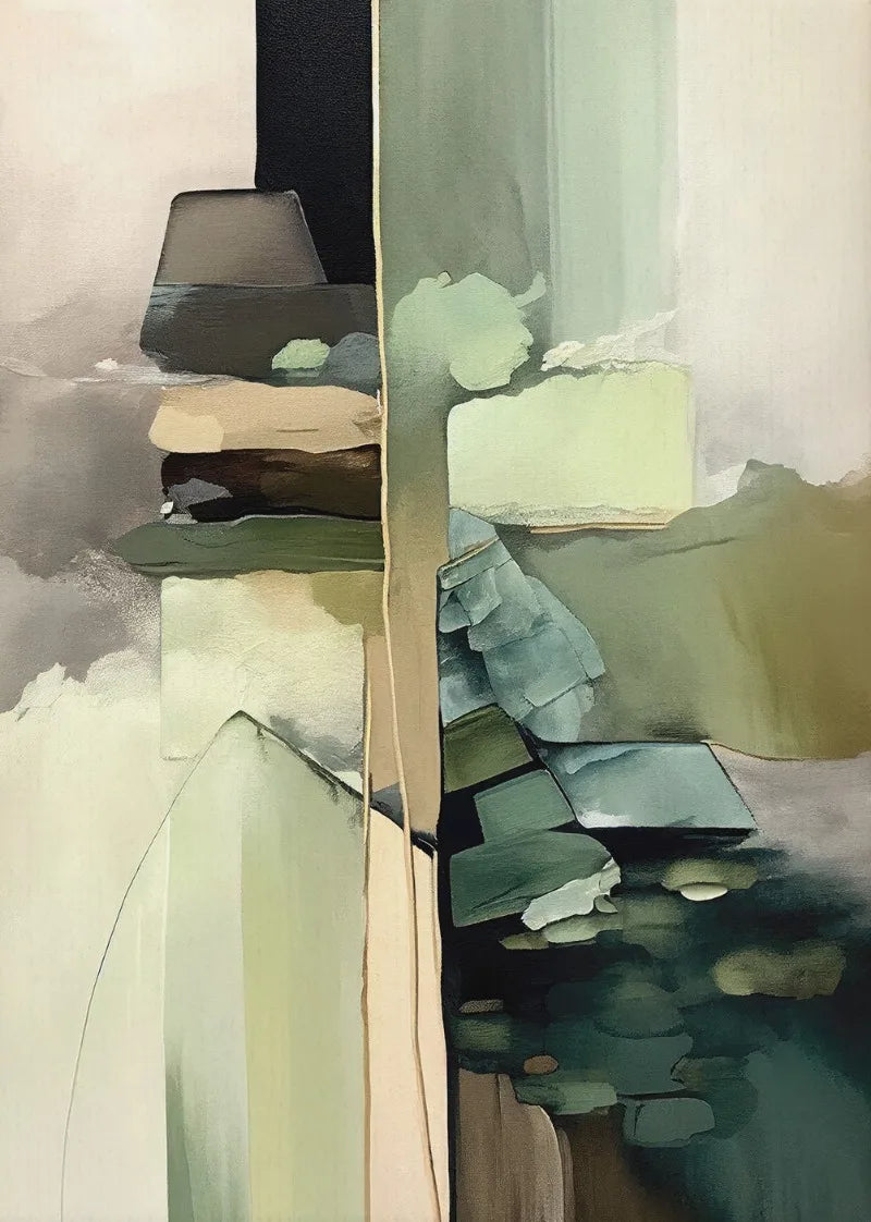 Abstract art piece with a mix of green, blue, and beige colors.