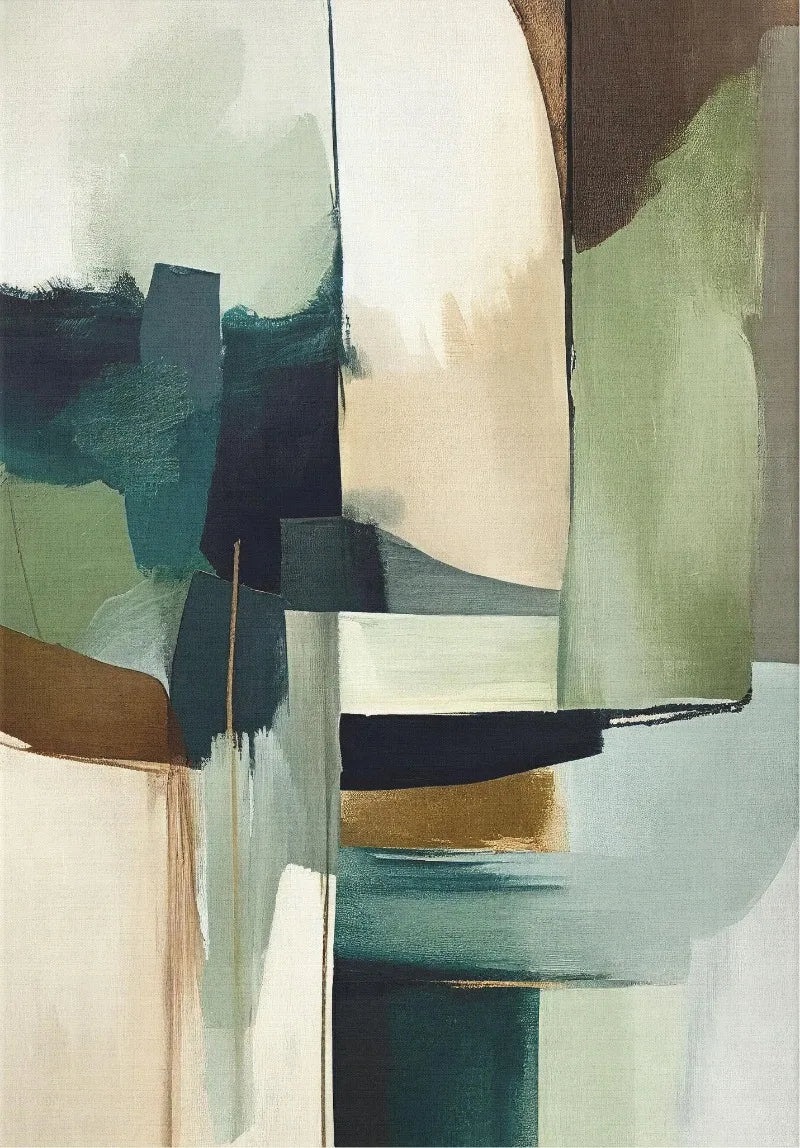 Abstract art with geometric shapes in green, brown, and beige tones.