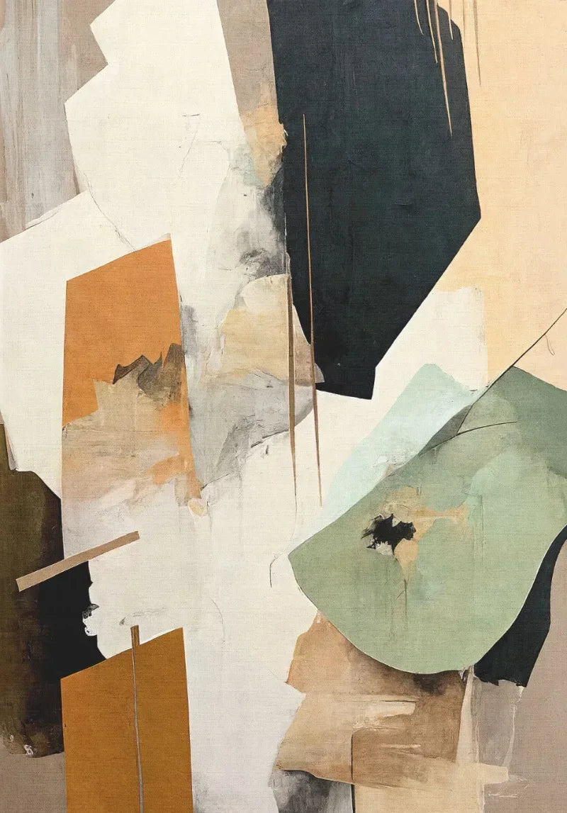 Abstract art piece with geometric shapes in earthy tones on a beige background