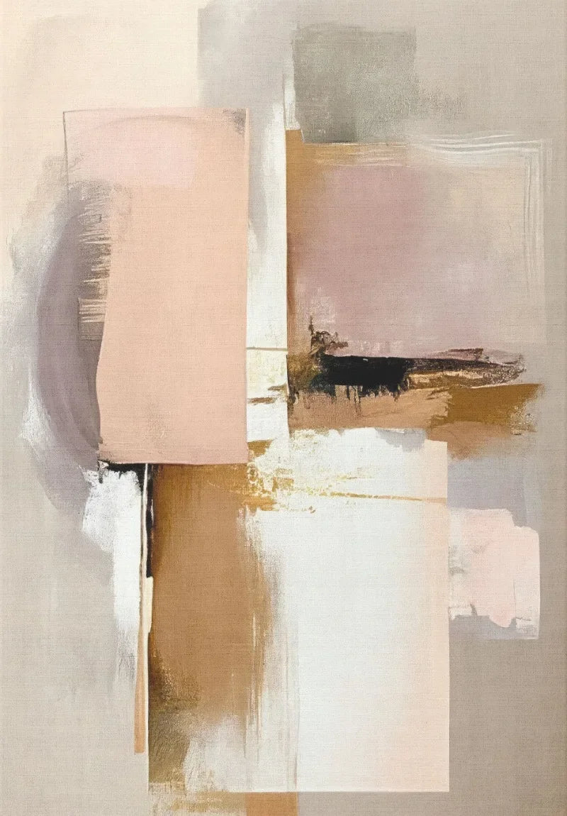 Abstract art with geometric shapes in soft colors on a neutral background