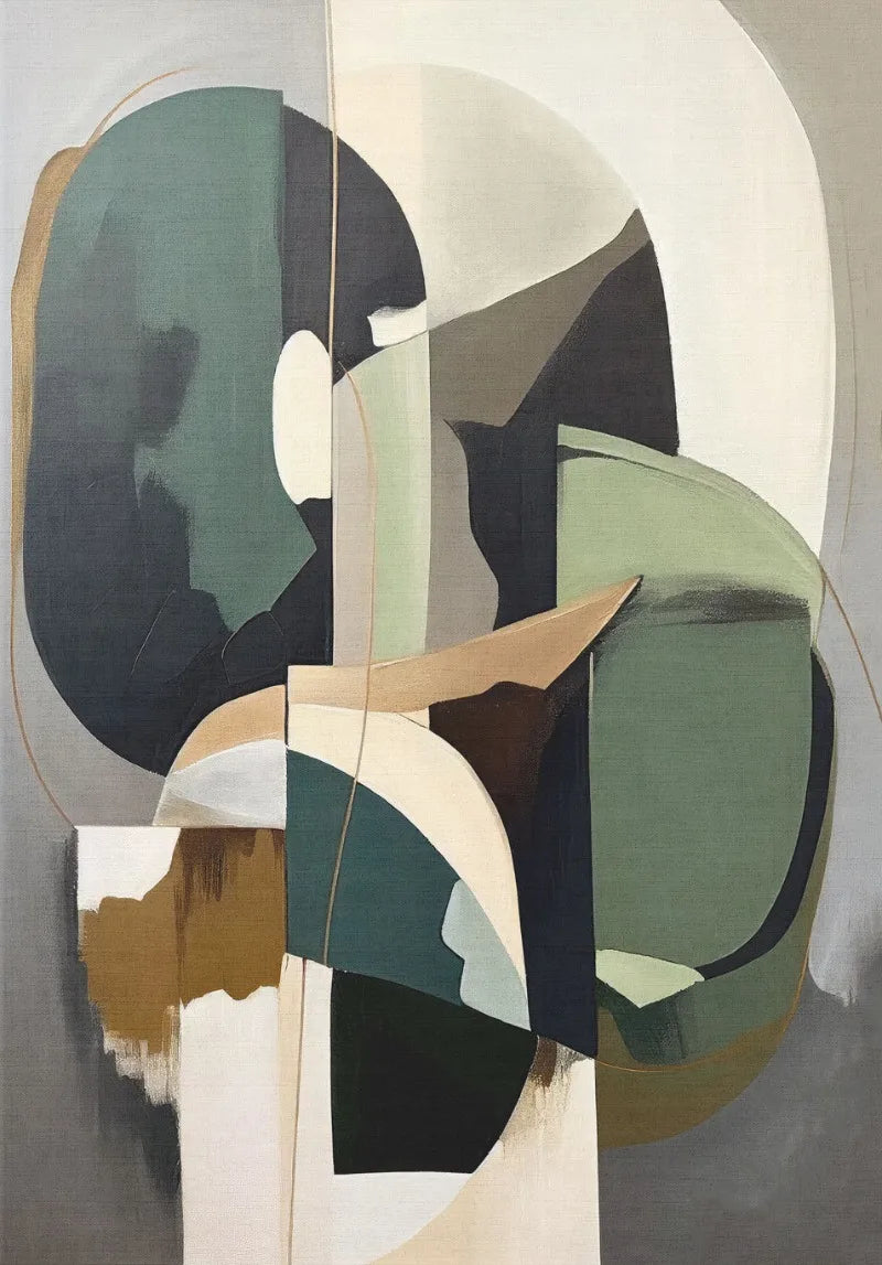 Abstract art piece with geometric shapes in green, black, and beige on a gray background