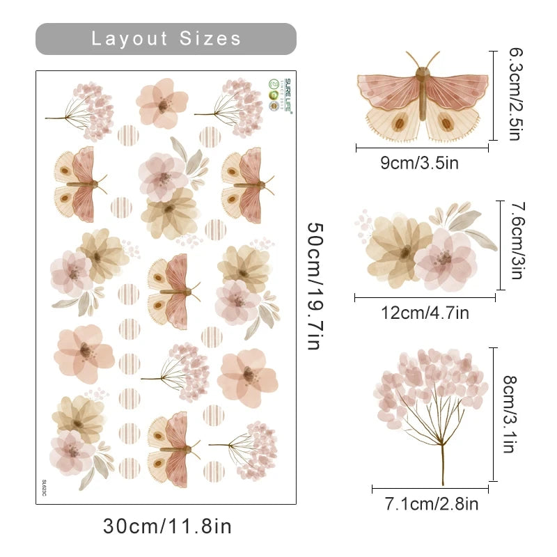 Floral and butterfly wall stickers with dimensions on a white background