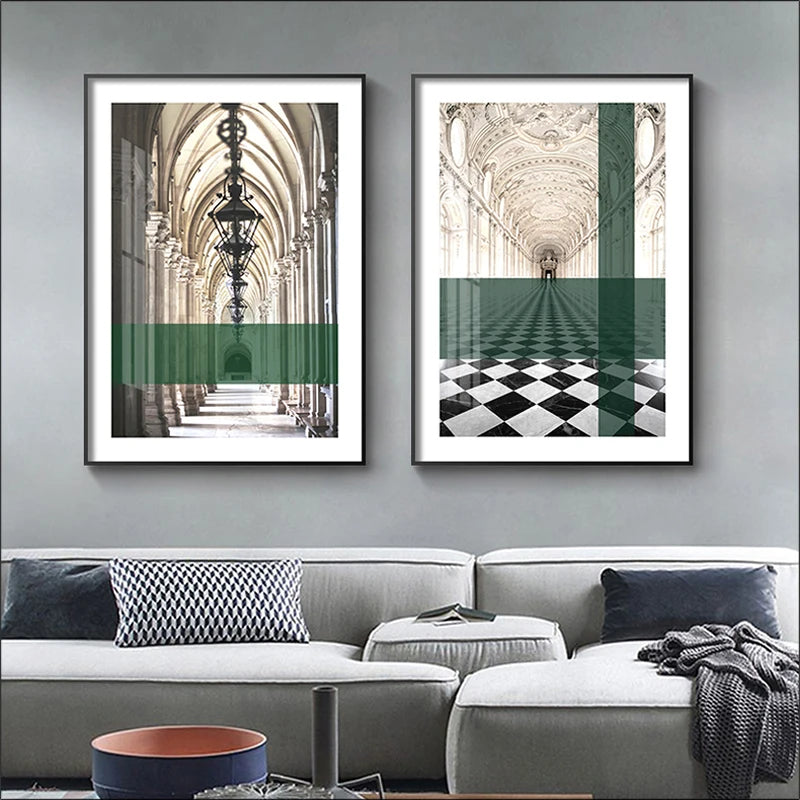 Green Stripe Overlaid Arches Wall Art Fine Art Canvas Prints Classic Architectural Abstract Pictures For Modern Apartment Living Room Dining Room Art Decor