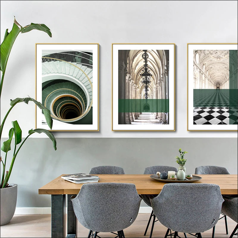 Green Stripe Overlaid Arches Wall Art Fine Art Canvas Prints Classic Architectural Abstract Pictures For Modern Apartment Living Room Dining Room Art Decor