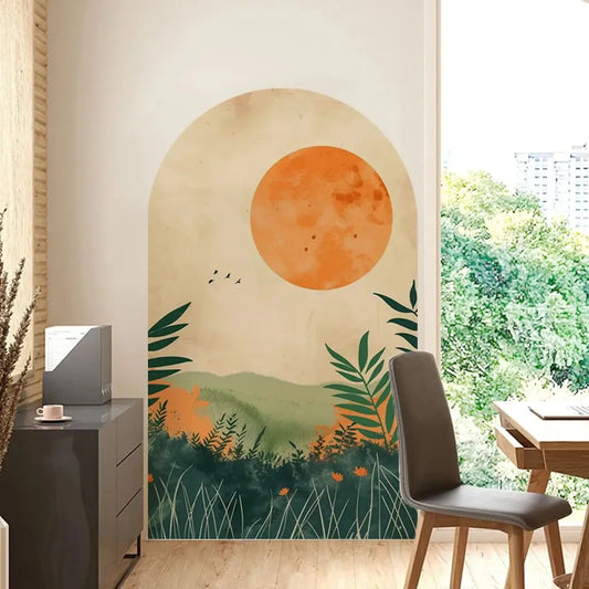 Green Valley Sunset Landscape Wall Mural – Self-Adhesive Peel & Stick Wall Decal For Lounge, Dining Room & Bedroom simple Creative DIY Home Decor
