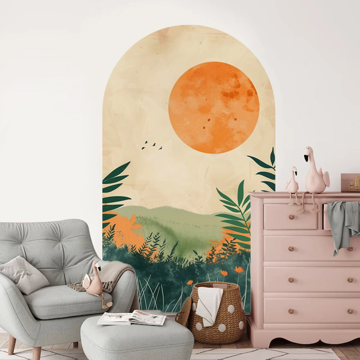 Green Valley Sunset Landscape Wall Mural – Self-Adhesive Peel & Stick Wall Decal For Lounge, Dining Room & Bedroom simple Creative DIY Home Decor
