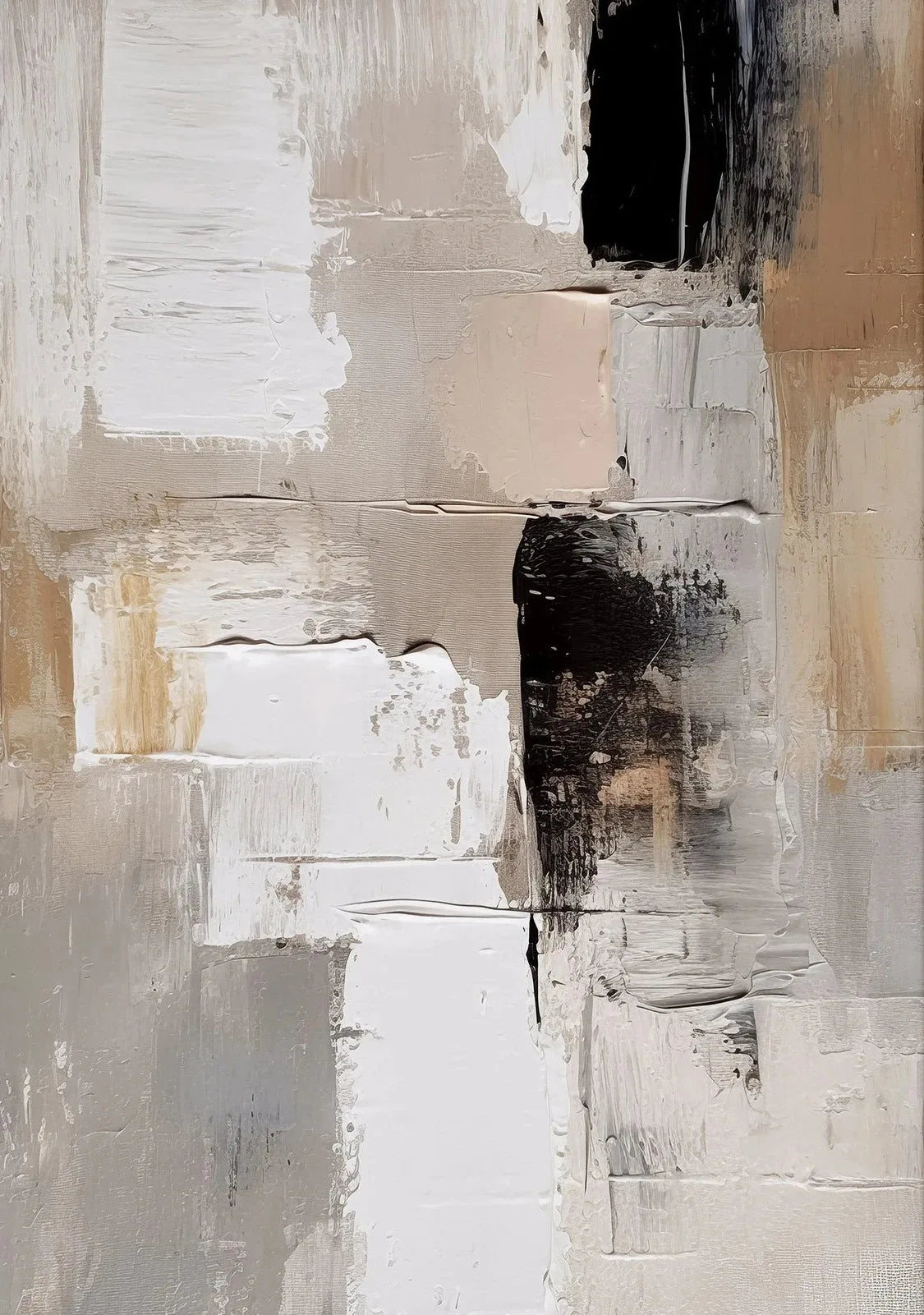 Abstract art with black, white, and beige brush strokes