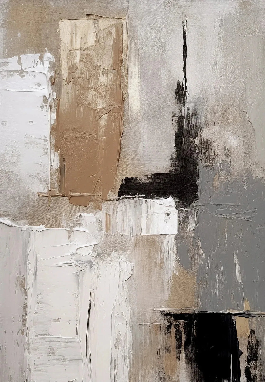Abstract art painting with beige, black, and white colors on a textured surface.