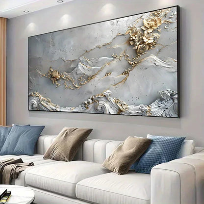 Grey Golden Floral Abstract Wall Art Fine Art Canvas Print Modern Botanical Artwork For Living Room Bedroom