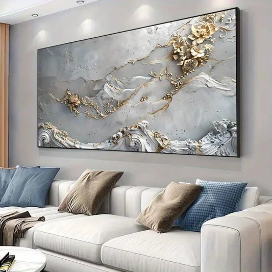 Grey Golden Floral Abstract Wall Art Fine Art Canvas Print Modern Botanical Artwork For Living Room Bedroom