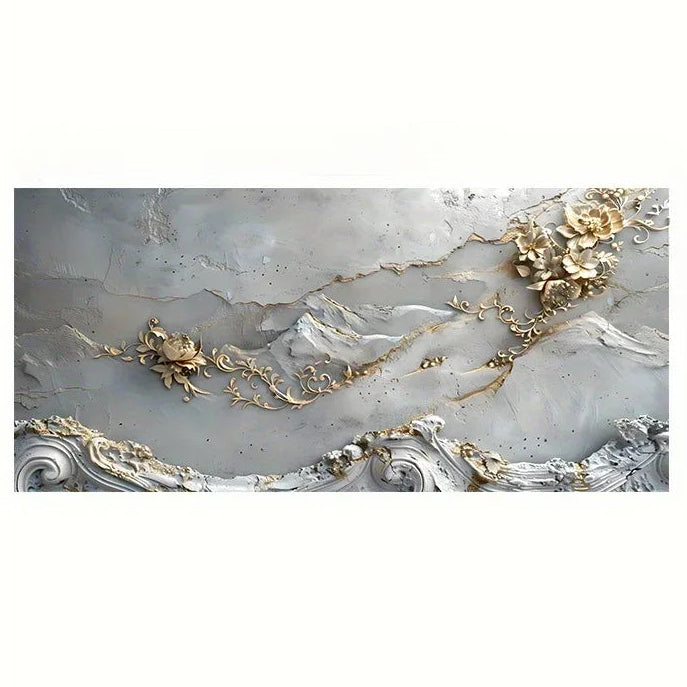 Decorative stone panel with gold floral patterns on a white background
