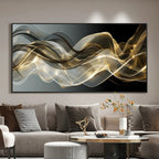 Living room with a large abstract painting on the wall above a sofa.