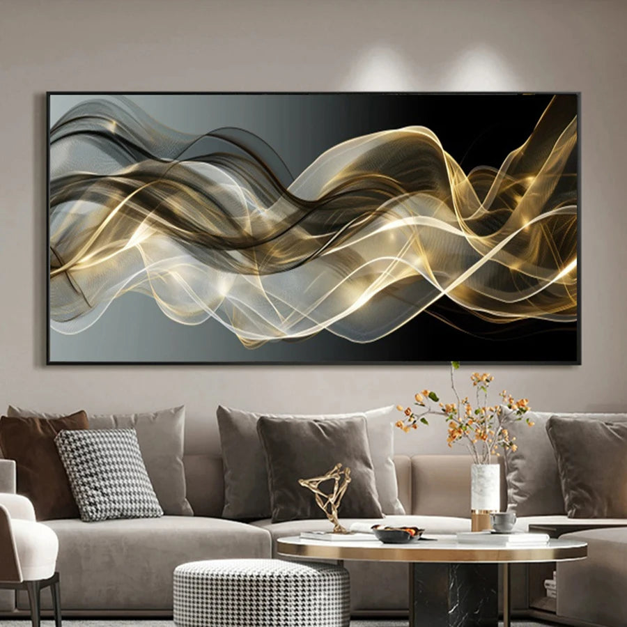 Living room with a large abstract painting on the wall above a sofa.