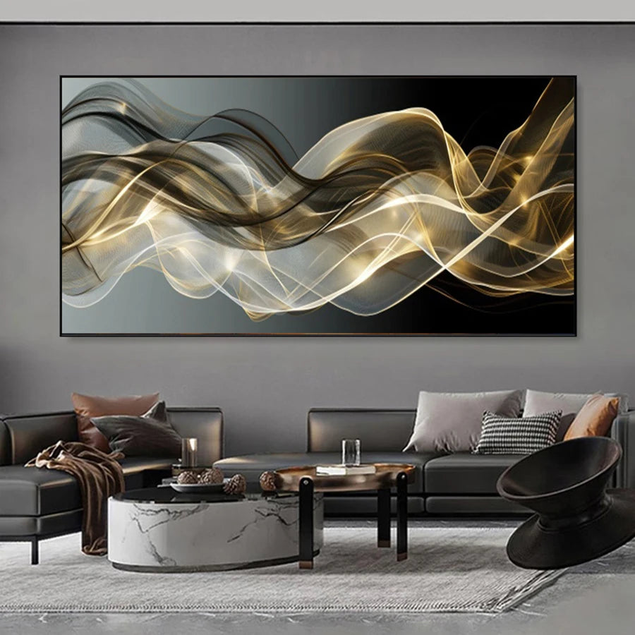 Grey Golden Flowing Abstract Wall Art Fine Art Canvas Print Modern Artwork For Living Room Above The Sofa Art For Above The Bed