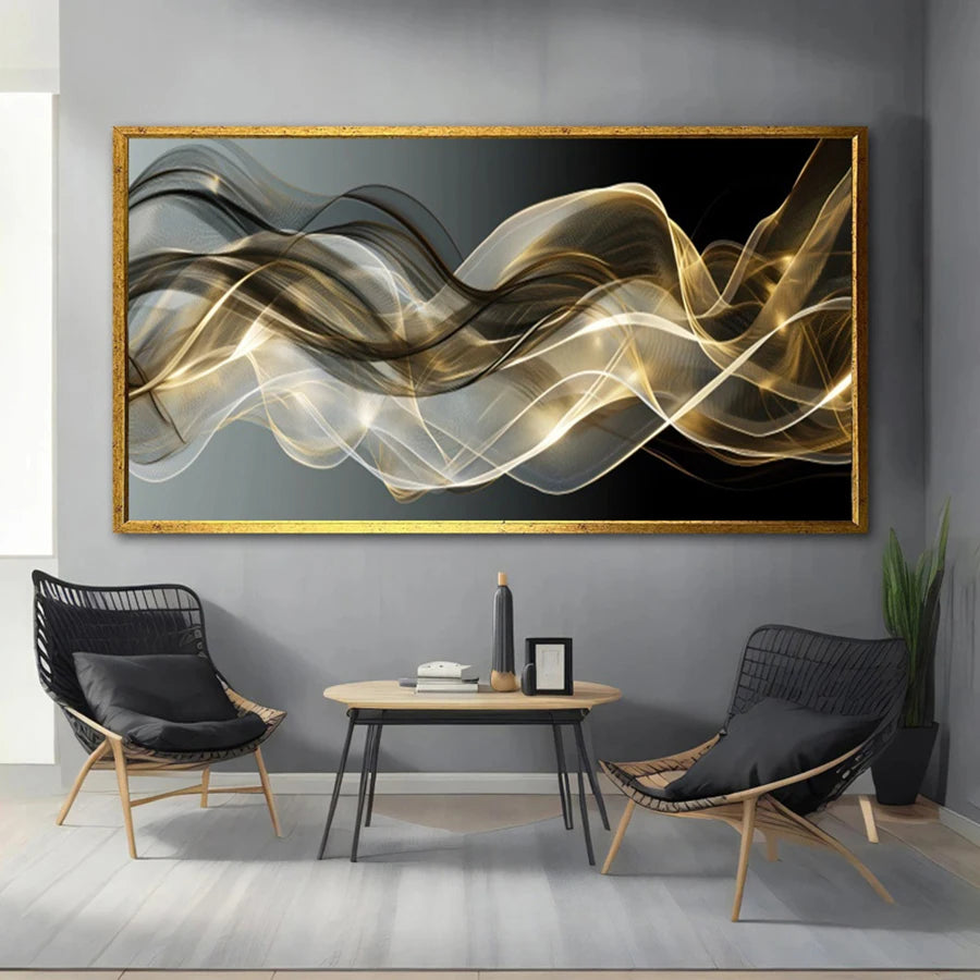 Modern interior with abstract wall art, black chairs, and a small table.