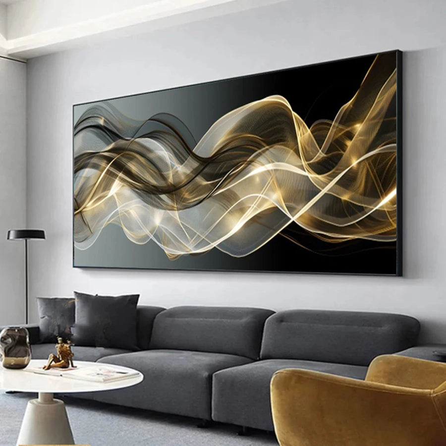 Grey Golden Flowing Abstract Wall Art Fine Art Canvas Print Modern Artwork For Living Room Above The Sofa Art For Above The Bed
