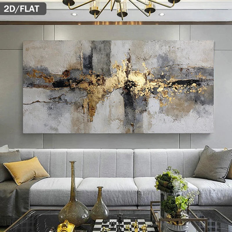 Large rectangular abstract wall art with textured gray, white, black, and metallic gold brushstrokes, displayed above a light gray sofa in a modern living room setting.